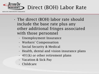 Direct (BOH) Labor Rate
• The direct (BOH) labor rate should
include the base rate plus any
other additional fringes associated
with those personnel
• Unemployment Insurance
• Workers’ Compensation
• Social Security & Medical
• Health, dental and vision insurance plans
• 401(k) or other retirement plans
• Vacation & Sick Pay
• Childcare
 