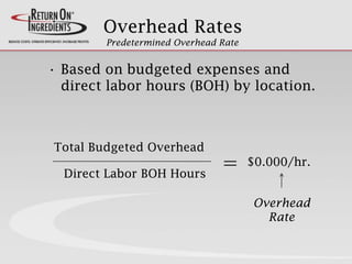 Overhead Rates
• Based on budgeted expenses and
direct labor hours (BOH) by location.
Total Budgeted Overhead
Direct Labor BOH Hours
= $0.000/hr.
Overhead
Rate
Predetermined Overhead Rate
 