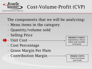 Cost-Volume-Profit (CVP)
The components that we will be analyzing:
• Menu items in the category
• Quantity/volume sold
• Selling Price
• Unit Cost
• Cost Percentage
• Gross Margin Per Plate
• Contribution Margin
PRODUCT COSTS:
Ingredients, Direct
Labor and Variable
Overhead
PERIOD COSTS:
Fixed Overhead
and Profit
 