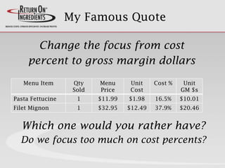 My Famous Quote
Change the focus from cost
percent to gross margin dollars
Menu Item Qty
Sold
Menu
Price
Unit
Cost
Cost % Unit
GM $s
Pasta Fettucine 1 $11.99 $1.98 16.5% $10.01
Filet Mignon 1 $32.95 $12.49 37.9% $20.46
Which one would you rather have?
Do we focus too much on cost percents?
 
