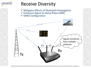 Receive Diversity
 Mitigates Effects of Multipath Propagation
 Enhances Signal to Noise Ratio (SNR)
 SIMO Configuration

λ/2

Tx

Signals combined
I
from multiple
antennas

λ/2

Rx

Copyright © USPurtek LLC, 2012 All Rights Reserved. No part of this publication may be reproduced without the prior written permission of USPurtek LLC, uspurtek.com

 