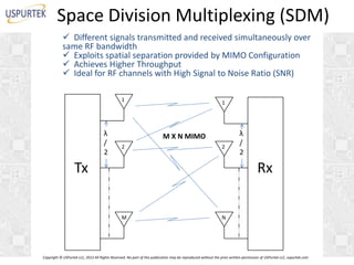 Space Division Multiplexing (SDM)
 Different signals transmitted and received simultaneously over
same RF bandwidth
 Exploits spatial separation provided by MIMO Configuration
 Achieves Higher Throughput
 Ideal for RF channels with High Signal to Noise Ratio (SNR)
1

λ
/
2

1

M X N MIMO
2

2

Tx

λ
/
2

Rx
M

N

Copyright © USPurtek LLC, 2012 All Rights Reserved. No part of this publication may be reproduced without the prior written permission of USPurtek LLC, uspurtek.com

 