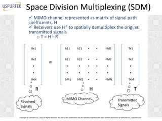 Space Division Multiplexing (SDM)
 MIMO channel represented as matrix of signal path
coefficients, H
 Receivers use H-1 to spatially demultiplex the original
transmitted signals
o T = H-1 R
Rx1

h11

h21

•

•

hM1

Tx1

h21

h22

•

•

hM2

Tx2

•

•

•

•

•

•

•

•

•

•

•

•

•

RxN

hM1

hM2

•

•

Rx2
•

R
Received
I
Signals

₌

H
I
MIMO Channel

hMN

TxM

T
Transmitted
I
Signals

Copyright © USPurtek LLC, 2012 All Rights Reserved. No part of this publication may be reproduced without the prior written permission of USPurtek LLC, uspurtek.com

 