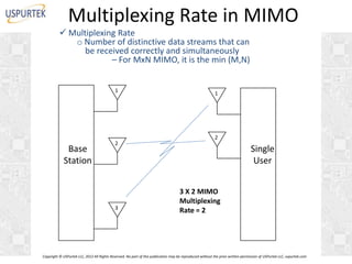 Multiplexing Rate in MIMO
 Multiplexing Rate
o Number of distinctive data streams that can
be received correctly and simultaneously
– For MxN MIMO, it is the min (M,N)
1

Base
Station

2

3

1

2

Single
User
3 X 2 MIMO
Multiplexing
Rate = 2

Copyright © USPurtek LLC, 2012 All Rights Reserved. No part of this publication may be reproduced without the prior written permission of USPurtek LLC, uspurtek.com

 