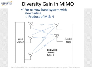 Diversity Gain in MIMO
 For narrow band system with
slow fading
o Product of M & N
1

Base
Station

2

3

1

2

Single
User
3 X 2 MIMO
Diversity
Gain = 6

Copyright © USPurtek LLC, 2012 All Rights Reserved. No part of this publication may be reproduced without the prior written permission of USPurtek LLC, uspurtek.com

 
