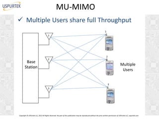 MU-MIMO
 Multiple Users share full Throughput
1
1

Base
Station

2

2

Multiple
Users

3
3

Copyright © USPurtek LLC, 2012 All Rights Reserved. No part of this publication may be reproduced without the prior written permission of USPurtek LLC, uspurtek.com

 