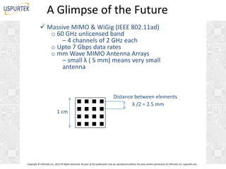A Glimpse of the Future
 Massive MIMO & WiGig (IEEE 802.11ad)
o 60 GHz unlicensed band
– 4 channels of 2 GHz each
o Upto 7 Gbps data rates
o mm Wave MIMO Antenna Arrays
– small λ ( 5 mm) means very small
antenna

Distance between elements
λ /2 = 2.5 mm
1 cm

Copyright © USPurtek LLC, 2012 All Rights Reserved. No part of this publication may be reproduced without the prior written permission of USPurtek LLC, uspurtek.com

 