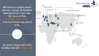 Russian Federation
R.P. China
Kazakhstan
Libya
U.K.
France
Germany
Italy
Our network is being served to all EU
and Balkans cities with trucking network.
MNG Airlines has expanding network
which covers Germany, UK, Kazakhstan,
United Arab Emirates, France, Libya,
Italy, Russia and China
and many other countries
as the one of national cargo airline of
Turkey.
Main Markets
Lebanon
United Arab Emirates
Netherlands
 