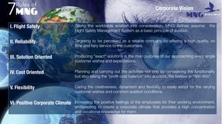 Corporate Vision
I. Flight Safety Taking the worldwide aviation into consideration, MNG Airlines assume the
Flight Safety Management System as a basic principle of aviation.
II. Reliability Targeting to be perceived as a reliable company by offering a high quality, on
time and fairy service to the customers.
III. Solution Oriented Producing "exact" solutions is the main purpose of our approaching every single
customer wishes and expectations.
IV. Cost Oriented Planning and carrying out the activities not only by considering the functionality
but also taking the "proﬁt-cost balance" into account. We believe in “Win-Win”.
V. Flexibility Caring the creativeness, dynamism and ﬂexibility to easily adopt for the varying
customer wishes and common aviation conditions.
VI. Positive Corporate Climate Increasing the positive feelings of the employees for their working environment,
endeavoring to create a corporate climate that provides a high concentration
and vocational knowledge for them.
Rules of
7
 
