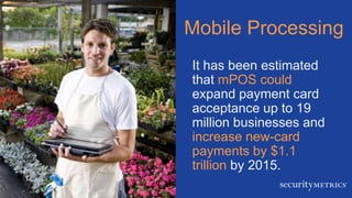 Mobile Processing
It has been estimated
that mPOS could
expand payment card
acceptance up to 19
million businesses and
increase new-card
payments by $1.1
trillion by 2015.
 