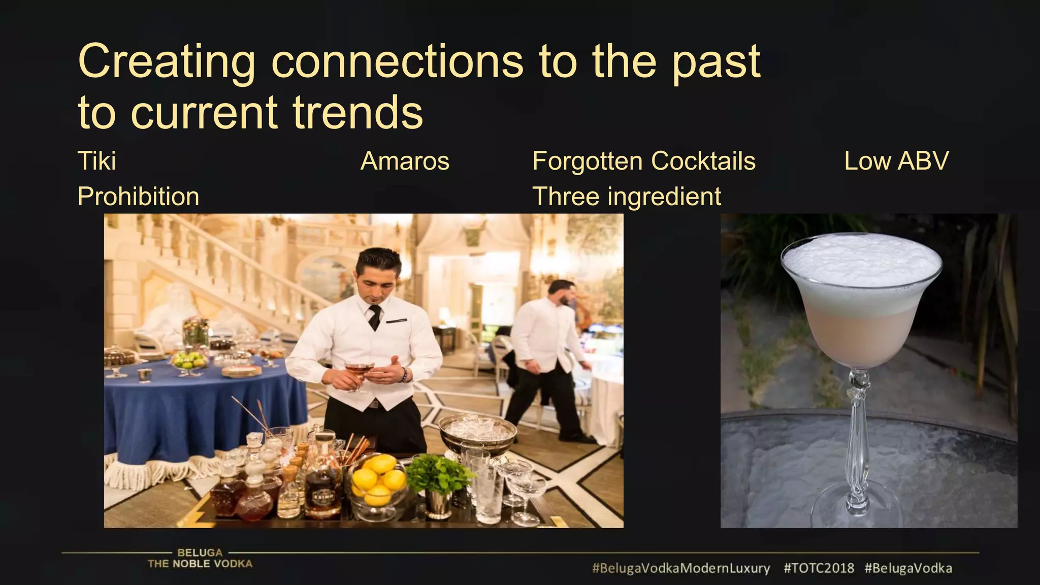 Creating connections to the past
to current trends
Tiki Amaros
Prohibition
Forgotten Cocktails Low ABV
Three ingredient
 