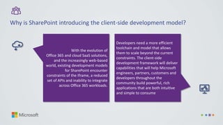 Why is SharePoint introducing the client-side development model?
With the evolution of
Office 365 and cloud SaaS solutions,
and the increasingly web-based
world, existing development models
for SharePoint encounter
constraints of the Iframe, a reduced
set of APIs and inability to integrate
across Office 365 workloads.
Developers need a more efficient
toolchain and model that allows
them to scale beyond the current
constraints. The client-side
development framework will deliver
capabilities that will help Microsoft
engineers, partners, customers and
developers throughout the
community build powerful, rich
applications that are both intuitive
and simple to consume
 