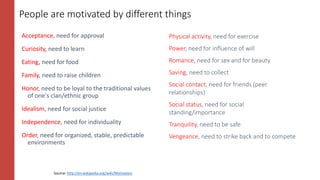 People are motivated by different things
Acceptance, need for approval
Curiosity, need to learn
Eating, need for food
Family, need to raise children
Honor, need to be loyal to the traditional values
of one's clan/ethnic group
Idealism, need for social justice
Independence, need for individuality
Order, need for organized, stable, predictable
environments
Physical activity, need for exercise
Power, need for influence of will
Romance, need for sex and for beauty
Saving, need to collect
Social contact, need for friends (peer
relationships)
Social status, need for social
standing/importance
Tranquility, need to be safe
Vengeance, need to strike back and to compete
Source: http://en.wikipedia.org/wiki/Motivation
 