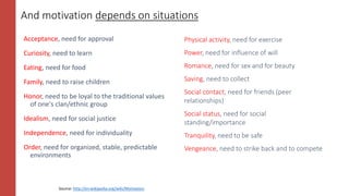 And motivation depends on situations
Acceptance, need for approval
Curiosity, need to learn
Eating, need for food
Family, need to raise children
Honor, need to be loyal to the traditional values
of one's clan/ethnic group
Idealism, need for social justice
Independence, need for individuality
Order, need for organized, stable, predictable
environments
Physical activity, need for exercise
Power, need for influence of will
Romance, need for sex and for beauty
Saving, need to collect
Social contact, need for friends (peer
relationships)
Social status, need for social
standing/importance
Tranquility, need to be safe
Vengeance, need to strike back and to compete
Source: http://en.wikipedia.org/wiki/Motivation
 
