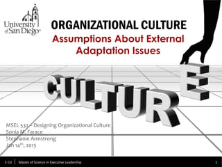 ORGANIZATIONAL CULTURE
                            Assumptions About External
                                Adaptation Issues




MSEL 532 – Designing Organizational Culture
Sonia M. Farace
Stephanie Armstrong
Jan 14th, 2013

C-13   Master of Science in Executive Leadership         1
 