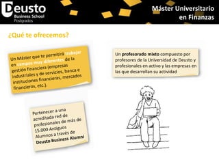 Máster Universitario
en Finanzas
¿Qué te ofrecemos?
Un profesorado mixto compuesto por
profesores de la Universidad de Deusto y
profesionales en activo y las empresas en
las que desarrollan su actividad

 