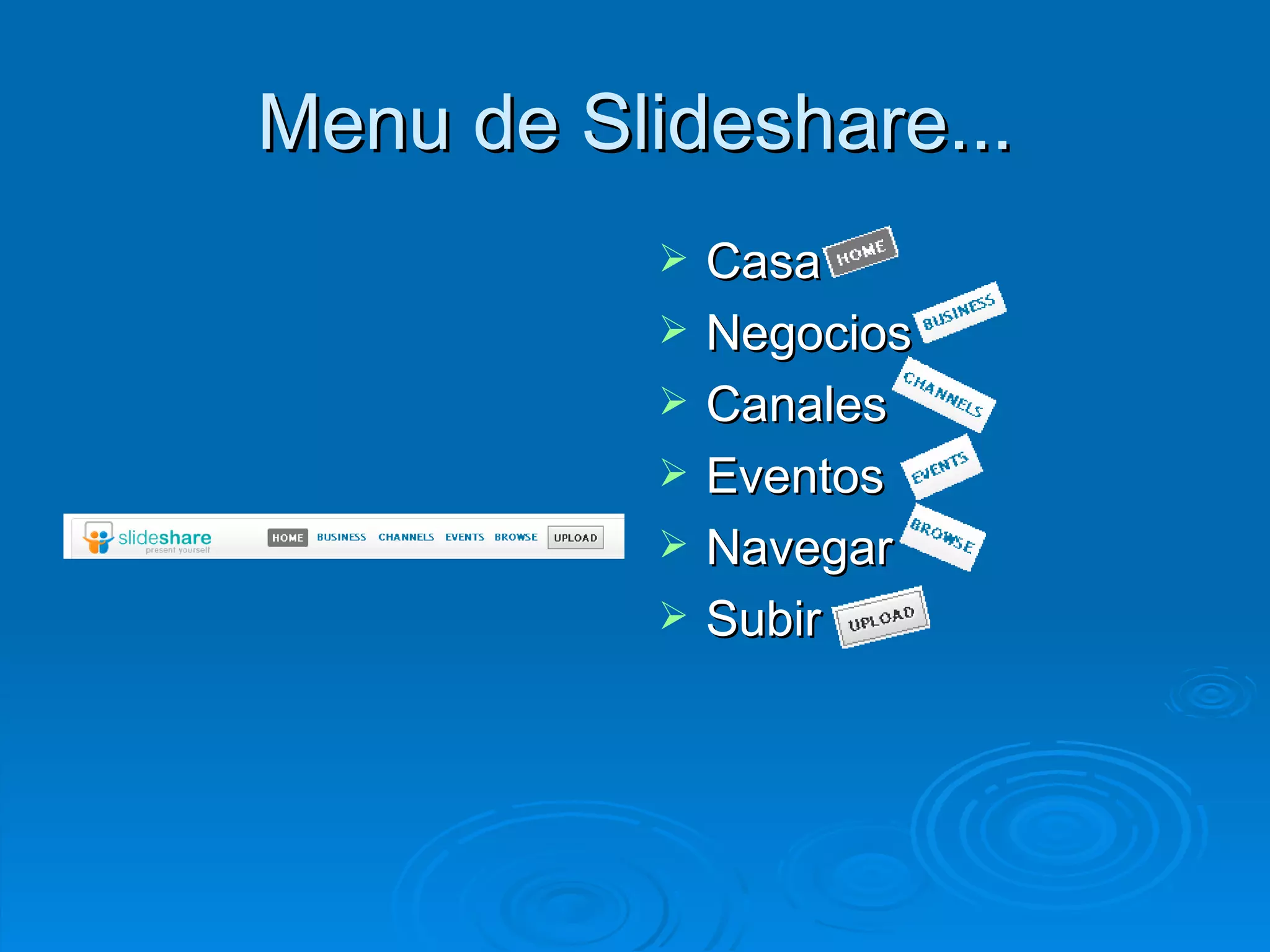 Menu de Slideshare... Casa Negocios Canales Eventos Navegar Subir 