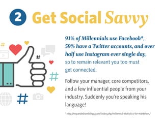 91% of Millennials use Facebook*,
59% have a Twitter account, and over
half use Instagram every single day,
so to remain relevant you too must
get connected.
Follow your manager, core competitors,
and a few influential people from your
industry. Suddenly you’re speaking his
language!
* http://expandedramblings.com/index.php/millennial-statistics-for-marketers/
2 Get Social Savvy
 