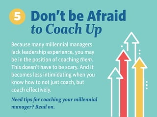Because many Millennial managers
lack leadership experience, you may
be in the position of coaching them.
This doesn’t have to be scary. And it
becomes less intimidating when you
know how to not just coach, but
coach effectively.
Need tips for coaching your Millennial
manager? Read on.
5 Don’t be Afraid
to Coach Up
 