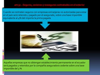 art:32 .-Seguros, cesiones y reaseguros contratados en el exterior
Cuando se contraten seguros con empresas extranjeras no autorizadas para estar
en el país será retenido y pagado por el asegurado, sobre una base imponible
equivalente al 4% del importe la prima pagada
Aquellas empresas que no obtengan establecimiento permanente en el ecuador
será pagados y retenidos por la compañía aseguradora cedente sobre una base
imponible del 3 %
 