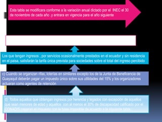 Esta tabla se modificara conforme a la variación anual dictado por el INEC el 30
de noviembre de cada año .y entrara en vigencia para el año siguiente
b) Ingresos de personas naturales no residentes
Los que tengan ingresos , por servicios ocasionalmente prestados en el ecuador y sin residencia
en el paisa, satisfarán la tarifa única prevista para sociedades sobre el total del ingreso percibido
c) Cuando se organizan rifas, loterías en similares excepto los de la Junta de Beneficencia de
Guayaquil deberán pagar un impuesto único sobre sus utilidades del 15% y los organizadores
actuaran como agentes de retención
d) Todos aquellos que obtengan ingresos por herencia y legados con excepción de aquellos
que sean menores de edad y aquellos con al menos el 30% de discapacidad calificado por el
CONADIS pagaran el impuesto con la base imponible de acuerdo a la siguiente tabla :
 