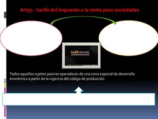 Art37.- tarifa del impuesto a la renta para sociedades
Las sociedades que
realicen actividad
económica estarán sujetas
a la tarifa impositiva del
22% sobre la base
imponible
Las sociedades que
reinviertan tendrán una
reducción de 10 puntos
porcentuales para el pago
de impuesto para los
activos reinvertidos
La empresas de exploración y explotación pagaran el impuesto mínimo establecido para sociedades
Art37.1 : rebaja adicional en la tarifa de impuesto a la renta
Todos aquellos sujetos pasivos operadores de una zona especial de desarrollo
económico a partir de la vigencia del código de producción tendrán una rebaja del 5% en
la tarifa del impuesto a la renta
 