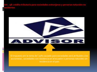 Art .-38: crédito tributario para sociedades extranjeras y personas naturales no
residentes
El impuesto am la renta de l 25% causado para sociedades será atribuible a los
accionistas , sociedades con residencia en el ecuador o personas naturales sin
residencia en el país
 