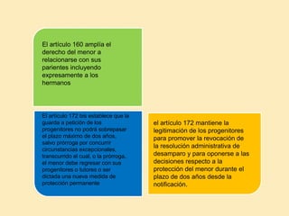El artículo 160 amplía el
derecho del menor a
relacionarse con sus
parientes incluyendo
expresamente a los
hermanos
el artículo 172 mantiene la
legitimación de los progenitores
para promover la revocación de
la resolución administrativa de
desamparo y para oponerse a las
decisiones respecto a la
protección del menor durante el
plazo de dos años desde la
notificación.
El artículo 172 bis establece que la
guarda a petición de los
progenitores no podrá sobrepasar
el plazo máximo de dos años,
salvo prórroga por concurrir
circunstancias excepcionales,
transcurrido el cual, o la prórroga,
el menor debe regresar con sus
progenitores o tutores o ser
dictada una nueva medida de
protección permanente
 