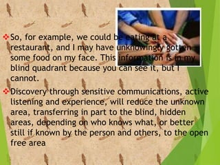 So, for example, we could be eating at a
restaurant, and I may have unknowingly gotten
some food on my face. This information is in my
blind quadrant because you can see it, but I
cannot.
Discovery through sensitive communications, active
listening and experience, will reduce the unknown
area, transferring in part to the blind, hidden
areas, depending on who knows what, or better
still if known by the person and others, to the open
free area
 