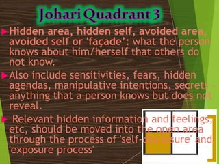 Hidden area, hidden self, avoided area,
avoided self or 'façade’: what the person
knows about him/herself that others do
not know.
Also include sensitivities, fears, hidden
agendas, manipulative intentions, secrets -
anything that a person knows but does not
reveal.
 Relevant hidden information and feelings,
etc, should be moved into the open area
through the process of 'self-disclosure' and
'exposure process'
 