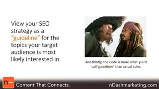 View your SEO 
strategy as a 
“guideline” for the 
topics your target 
audience is most 
likely interested in. 
 