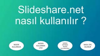 Slideshare.net
nasıl kullanılır ?
NEDEN
KULLANILIR
NEDEN
KULLANMA
LIYIZ
KARMA
EĞİTİMDE
NEDEN
KULLANILMALI
NASIL ÜYE
OLUNUR
 