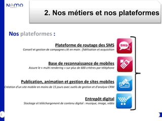 2. Nos métiers et nos plateformes

       Nos plateformes :
                                           Plateforme de routage des SMS
                  Conseil et gestion de campagnes clé en main : fidélisation et acquisition



                                      Base de reconnaissance de mobiles
                       Assure le « multi-rendering » sur plus de 600 critères par téléphone



                 Publication, animation et gestion de sites mobiles
    Création d’un site mobile en moins de 15 jours avec outils de gestion et d’analyse CRM


                                                                   Entrepôt digital
                   Stockage et téléchargement de contenu digital : musique, image, vidéo


8
 