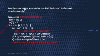26
Problem: we might want to be parallel! Evaluate λ individuals
simultaneously ?
(µ/µ, λ)-ES with self-adaptation:
x(0) = (0, 0)
σ(0) = 1
for n in {0, 1, 2, 3, …}
for i in {1, 2, 3, …, λ}
σ(n,i) = σ(n) x exp(1D-Gaussian)
x’(i) = x(n) + σ(n,i) x 2D-Gaussian
pick up the µ best x’(i) and their σ(n,i)
x(n+1) = average of those µ best
σ(n+1) = exp( average of these log σ(n,i))
3
 