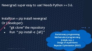 41
Nevergrad: super easy to use! Needs Python >= 3.6.
Installtion = pip install nevergrad
Or (developer):
• “git clone” the repository
• Run “ pip install -e .[all] ”
4
Evolutionary programming
Mathematical programming
(cobyla, sqp…)
Design of experiments
Bayesian Optimization (EGO)
 