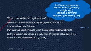 11
What is derivative free optimization ?
(Numerical) optimization is about finding the (argument) minimum of f.
It’s optimization without derivatives.
Maybe you have learnt Newton, BFGS, etc ? These algorithms need the gradient of f.
It’s finding (approx.) argmin f without knowing gradient(f), just with a black-box x à f(x).
It’s finding f* such that for almost all x, f(x) >= f(f*).
1
Evolutionary programming
Mathematical programming
(cobyla, sqp…)
Design of experiments
Bayesian Optimization (EGO)
 