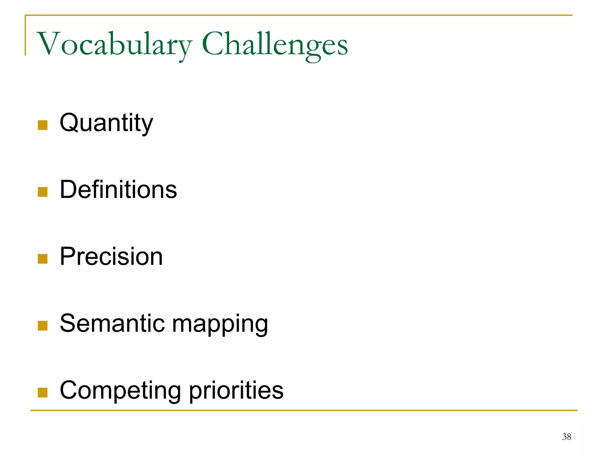 38
Vocabulary Challenges
 Quantity
 Definitions
 Precision
 Semantic mapping
 Competing priorities
 