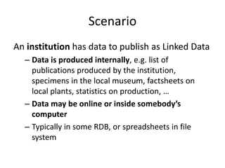 Scenario
An institution has data to publish as Linked Data
– Data is produced internally, e.g. list of
publications produced by the institution,
specimens in the local museum, factsheets on
local plants, statistics on production, …
– Data may be online or inside somebody’s
computer
– Typically in some RDB, or spreadsheets in file
system
 