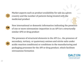 Market aspects such as product availability for sale in a given
country and the number of patients being treated with the
medicinal product
New international or domestic information indicating the presence
of one or more nitrosamine impurities in an API (or a structurally
similar API) or drug product
The presence of structural elements in the API (i.e., the presence of
secondary, tertiary, or quaternary amines and nitrite salts under
acidic reaction conditions) or conditions in the manufacturing and
packaging processes for the API or drug product, which facilitate
nitrosamine formation
11
 