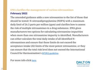 The amended guidance adds a new nitrosamine to the list of those that
should be tested: N-nitrosodipropylamine (NDPA) with a maximum
daily limit of 26.5 parts per million (ppm) and clarifies how to assess
the risk of multiple nitrosamines in a drug substance. EMA gives
manufacturers two options for calculating nitrosamine impurities
when more than one nitrosamine impurity is identified. Manufacturers
can either calculate the total daily intake of all identified N-
nitrosamines and ensure that these limits do not exceed the
acceptance intake (AI) limits of the most potent nitrosamine, or they
can ensure that the total risk level does not exceed the International
Council for Harmonisation's M7(R1) guideline.
For more info click here.
EMA clarifies the management of various nitrosamines
February 2022
20
 