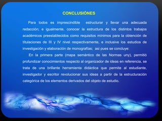 CONCLUSIÓNES
Para todos es imprescindible estructurar y llevar una adecuada
redacción; e igualmente, conocer la estructura de los distintos trabajos
académicos preestablecidos como requisitos mínimos para la obtención de
títulaciones de III y IV nivel respectivamente, e inclusive los estudios de
investigación y elaboración de monografías; asi pues se concluye:
En la primera parte (mapa semántico de las Normas uny), permitió
profundizar conocimientos respecto al organizador de ideas en referencia, se
trata de una brillante herramienta didáctica que permite al estudiante,
investigador y escritor revolucionar sus ideas a partir de la estructuración
categórica de los elementos derivados del objeto de estudio.
 
