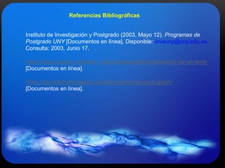 Referencias Bibliográficas
Instituto de Investigación y Postgrado (2003, Mayo 12). Programas de
Postgrado UNY [Documentos en línea]. Disponible: inveuny@uny.edu.ve.
Consulta: 2003, Junio 17.
https://sites.google.com/site/.../los-procesos-de-comprension-de-un-texto
[Documentos en línea].
https://signodeinterrogacion.com/los-signos-de-puntuacion/
[Documentos en línea].
 