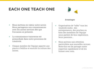 EACH ONE TEACH ONE
© T O U C A N T O C O
● Nous mettons en valeur notre savoir.
Nous partageons nos connaissances
avec les autres services dès que
l’occasion se présente.
● La connaissance transverse est
primordiale dans notre processus de
créativité.
● Chaque membre de l’équipe apporte une
pierre à l’édifice et enrichit la culture des
autres.
● Organisation de “talks” tous les
vendredi midis : des
entrepreneurs, des proches ou
bien des membres de l’équipe
nous parlent de leur expérience,
leurs passions...
● Nous portons une attention
particulière aux nouvelles recrues.
Notre but est de partager notre
expertise rapidement et de les
former avec soin.
Avantages
 