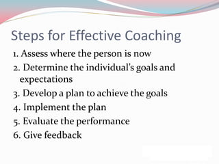 Steps for Effective Coaching
1. Assess where the person is now
2. Determine the individual’s goals and
  expectations
3. Develop a plan to achieve the goals
4. Implement the plan
5. Evaluate the performance
6. Give feedback
 