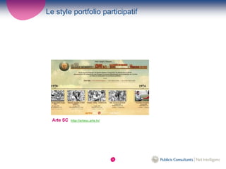 Le style portfolio participatif




  Arte SC   http://artesc.arte.tv/




                                     10
 