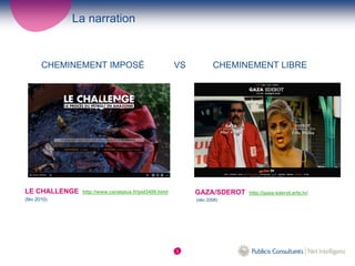 La narration


       CHEMINEMENT IMPOSÉ                             VS          CHEMINEMENT LIBRE




LE CHALLENGE   http://www.canalplus.fr/pid3400.html        GAZA/SDEROT   http://gaza-sderot.arte.tv/
(fév 2010)                                                 (déc 2008)




                                                      3
 