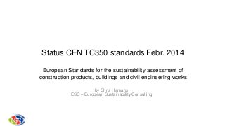 Status CEN TC350 standards Febr. 2014
European Standards for the sustainability assessment of
construction products, buildings and civil engineering works
by Chris Hamans
ESC – European Sustainability Consulting

 