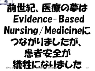 前世紀、医療の夢は
Evidence-Based
Nursing/Medicineに
つながりましたが、
患者安全が
犠牲になりました25 May 2013 日本麻酔科学会 周術期セミナー 114
 