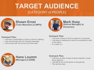 [CATEGORY of PEOPLE]
TARGET AUDIENCE
Shawn Ernst
Outreach Plan:
• I will have a presentation of what my brand is offering.
• I will communicate with him through messenger.
• I will connect with him by the end of the week.
IMG_130
5.JPG
[Team Meamber] at [MPS]
Mark Huey
Outreach Plan:
• I will have a layout of all of my ideas for my podcast.
• I will setup a meeting and meet him somewhere to talk
to him about.
• In a week or 2
IMG_130
6.JPG
PROFILE
PICTURE
[Retired Manager] at
[Hussman]
Hans Loumm Outreach Plan:
• I will have an idea of what of sports networks I would
like to apply for.
• I will talk to him on the phone or through text.
• The next few days
PROFILE
PICTURE [Manager] at [SSM]
 