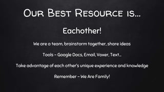 Our Best Resource is...
Eachother!
We are a team, brainstorm together, share ideas
Tools - Google Docs, Email, Voxer, Text…
Take advantage of each other’s unique experience and knowledge
Remember - We Are Family!
 
